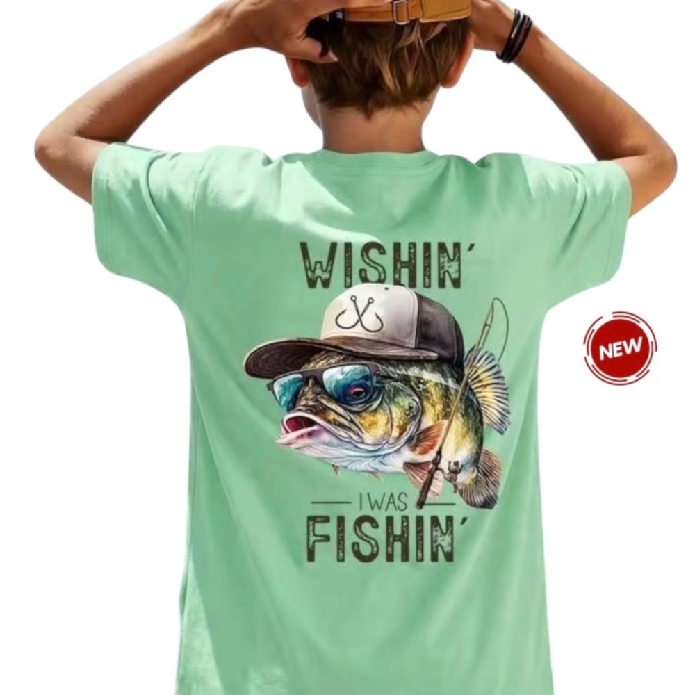 Shein Fishining Graphic T-Shirt Mint Green Kids Size 9Y Short Sleeve | 0121